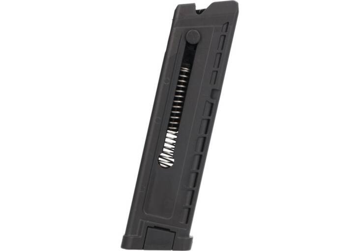 Durable black firearm magazine with enhanced grip for semi-automatic use, ideal for tactical applications.