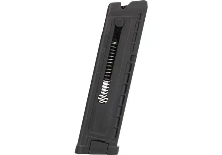 Durable black firearm magazine with enhanced grip for semi-automatic use, ideal for tactical applications.