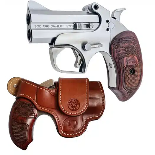 Compact silver revolver with leather holster, perfect for concealed carry and personal defense.
