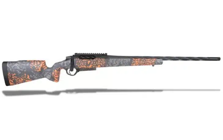 Sleek camouflage rifle with ergonomic stock and customizable rail for hunting and precision shooting.