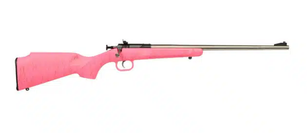 Vibrant pink rifle with stainless steel barrel, blending style, comfort, and precision for shooters.
