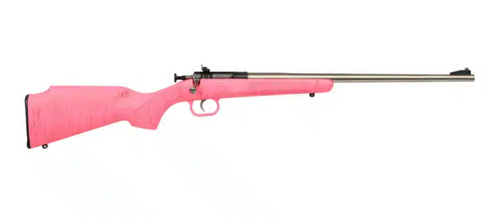 Vibrant pink rifle with stainless steel barrel, blending style, comfort, and precision for shooters.