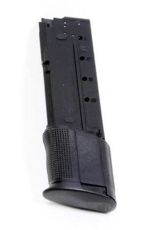 Sleek black firearm magazine with round indicators and textured grip for reliable performance.
