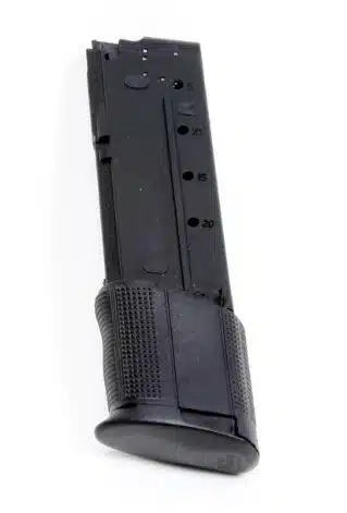 Sleek black firearm magazine with round indicators and textured grip for reliable performance.