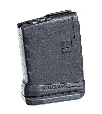 Durable matte black polymer firearm magazine with ergonomic design and capacity indicator for efficient use.