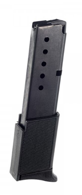 Durable steel pistol magazine with round indicators and textured grip for easy handling and reloading.