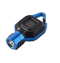 Compact flashlight with blue accents and carabiner clip for outdoor and everyday use.