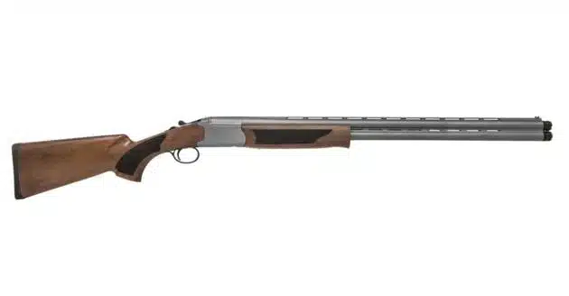 Elegant over-and-under shotgun with wooden stock, ideal for clay shooting and bird hunting.
