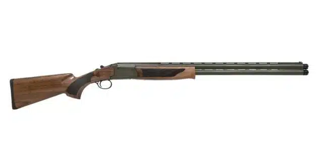 Double-barreled shotgun with ergonomic wood stock, sleek matte finish, perfect for hunting and clay shooting.