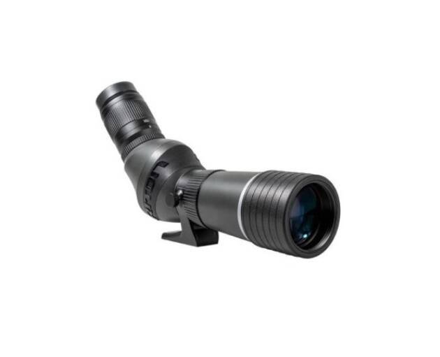 Compact black spotting scope with angled eyepiece, durable design, ideal for birdwatching and nature observation.