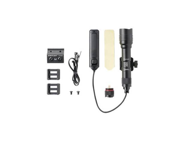 Versatile high-intensity LED light with adjustable control box and mounting brackets for professional use.