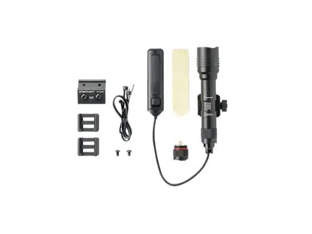 Versatile high-intensity LED light with adjustable control box and mounting brackets for professional use.