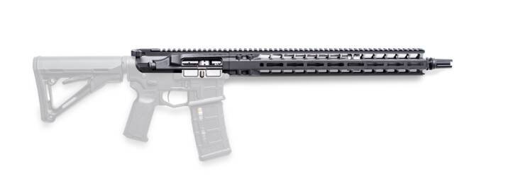 Modular tactical rifle with adjustable stock, ergonomic grip, and versatile rail system for precision shooting.