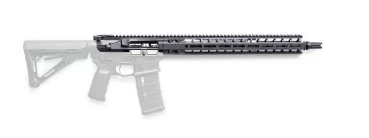 Modular tactical rifle with adjustable stock, ergonomic grip, and versatile rail system for precision shooting.