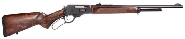 Sleek lever-action rifle with polished wood stock and smooth mechanism, ideal for hunting and sport.