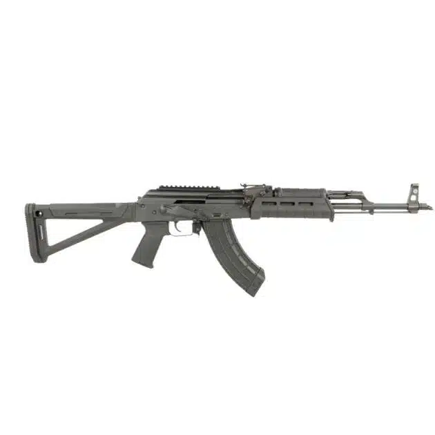 Ergonomic tactical gray rifle with modular design, adjustable stock, and durable magazine for versatile use.