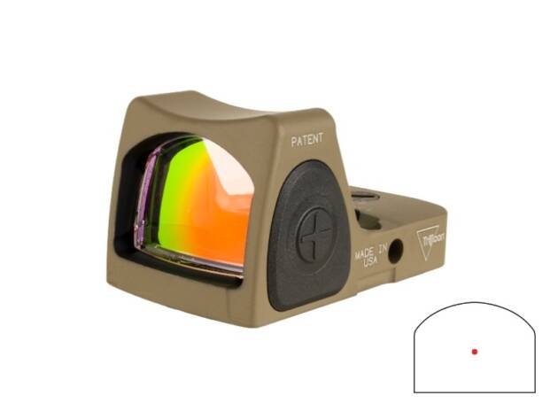 Tan reflex sight with adjustable brightness and wide field of view for precise targeting.