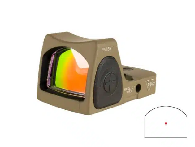 Tan reflex sight with adjustable brightness and wide field of view for precise targeting.