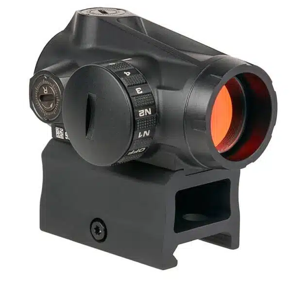 Compact red dot sight with adjustable brightness, amber lens, and secure mounting for precise aiming.