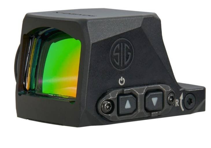 Compact red dot sight with adjustable brightness for precision aiming in tactical and competitive shooting.