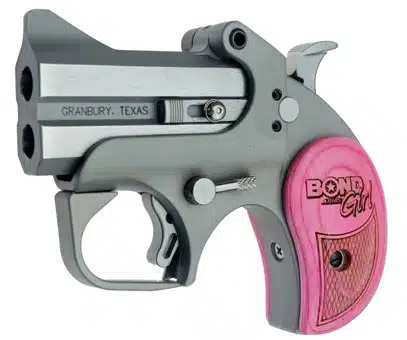 Compact silver handgun with pink grip, Bond Girl Edition—stylish, ergonomic, and collectible.