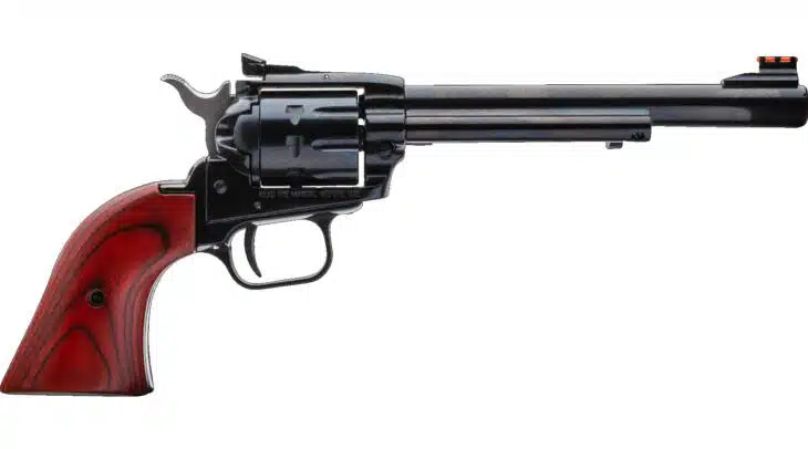 Classic revolver with sleek barrel, six-chamber cylinder, and ergonomic wooden grip for collectors.