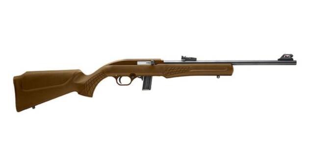 Sleek tan rifle with ergonomic design and precision sight for outdoor shooting and training.