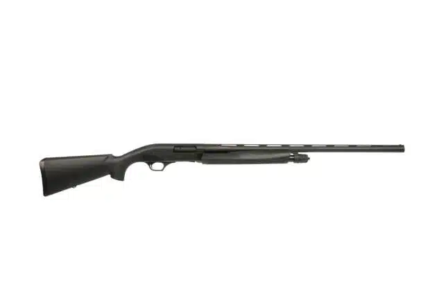 Sleek matte black shotgun with durable stock, designed for accuracy and reliable performance.