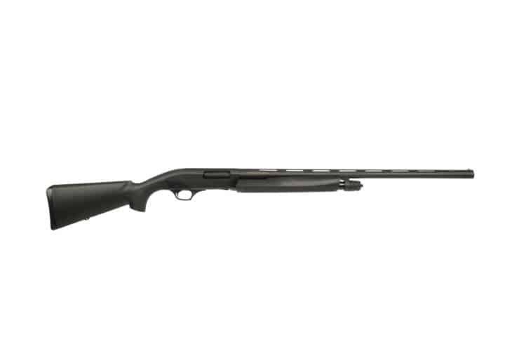 Sleek matte black shotgun with durable stock, designed for accuracy and reliable performance.