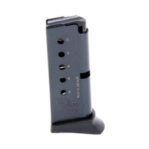 Durable 6-round handgun magazine with matte finish and witness holes for easy tracking.