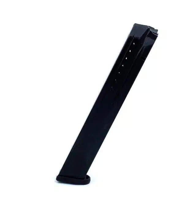 RUGA 412F03 black polymer firearm magazine with round indicators for improved performance and reliability.