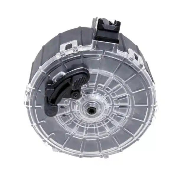 Durable translucent gray cylindrical component with latch, ideal for automotive and industrial applications.