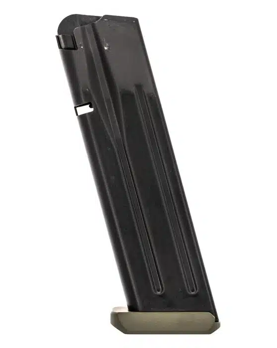 Durable black firearm magazine with spring mechanism and round indicator for reliable performance.