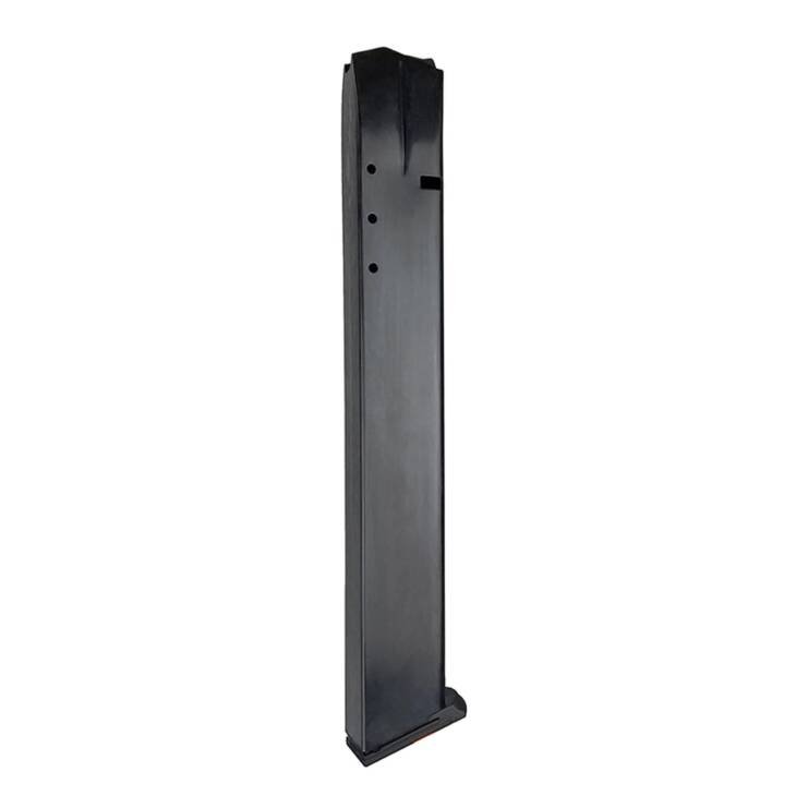 High-capacity firearm magazine with sleek design, witness holes, and tapered top for reliable feeding.