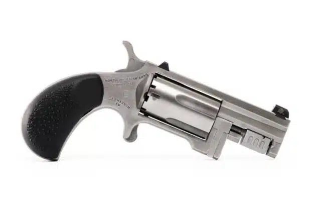 Sleek Sentinel silver revolver with six chambers and ergonomic textured grip for defense or collection.