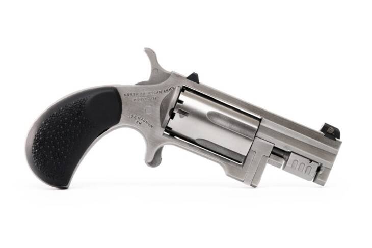 Sleek Sentinel silver revolver with six chambers and ergonomic textured grip for defense or collection.