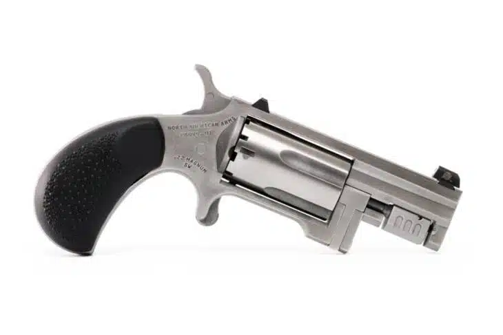 Sleek Sentinel silver revolver with six chambers and ergonomic textured grip for defense or collection.
