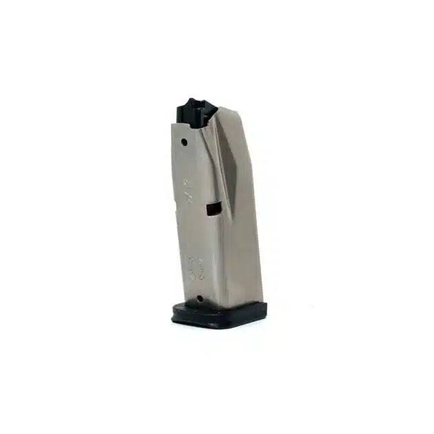 Reliable metal firearm magazine with viewing window and rubber base for optimal performance.
