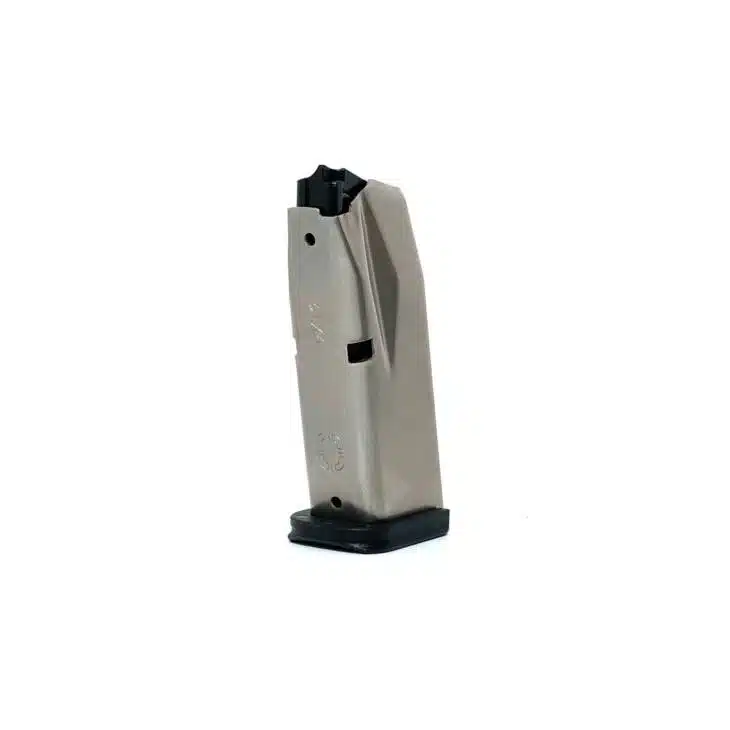 Reliable metal firearm magazine with viewing window and rubber base for optimal performance.