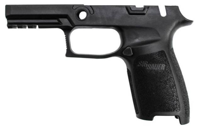 Sleek black handgun frame with ergonomic grip and accessory rail for enhanced shooting versatility.