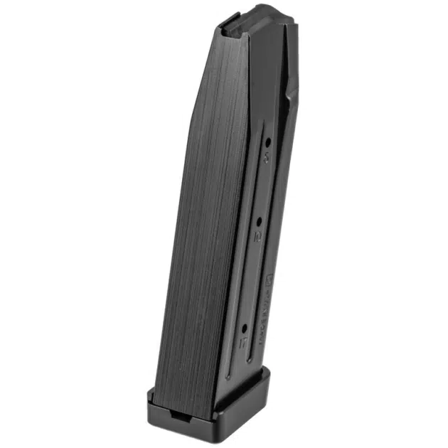 Sleek black firearm magazine, designed for reliability, durability, and optimal performance in shooting.
