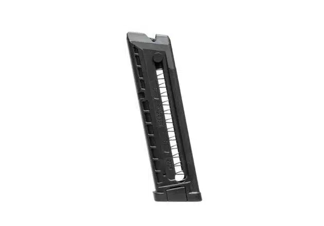 Durable black polymer magazine for firearms with ergonomic design and smooth feeding features.