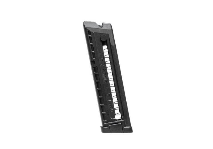 Durable black polymer magazine for firearms with ergonomic design and smooth feeding features.