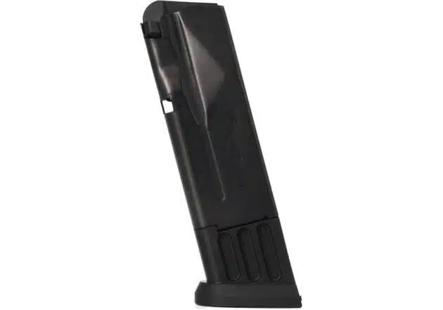 Sleek black polymer firearm magazine for reliable feeding and efficient reloading in critical situations.