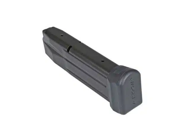 Durable 9mm polymer magazine for semi-automatic pistols, featuring ergonomic grip and quick reloading.