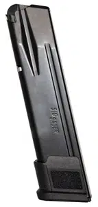 Sleek SIG SAUER black magazine with textured grip and witness hole for easy loading visibility.