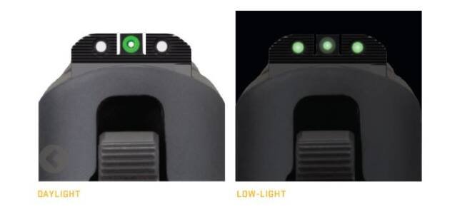 Day and night firearm sights with bright green dots for improved accuracy and quick target acquisition.