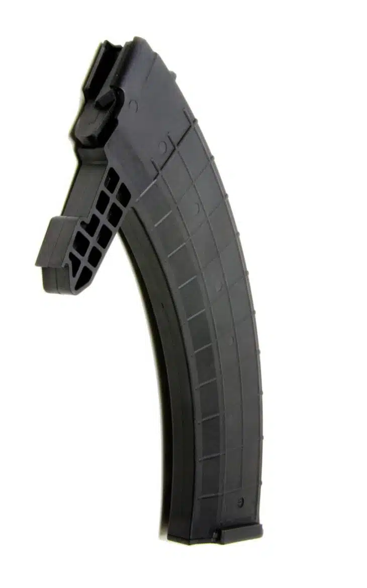 High-capacity polymer magazine designed for seamless reloading in automatic firearms. Durable and ergonomic.