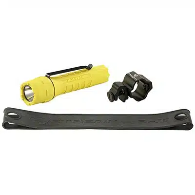 Durable yellow tactical flashlight with versatile mounting accessories for camping and emergency use.