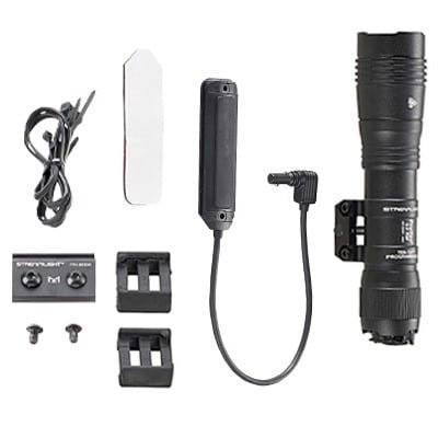 Durable tactical flashlight kit with remote switch and mounts for firearms and outdoor use.